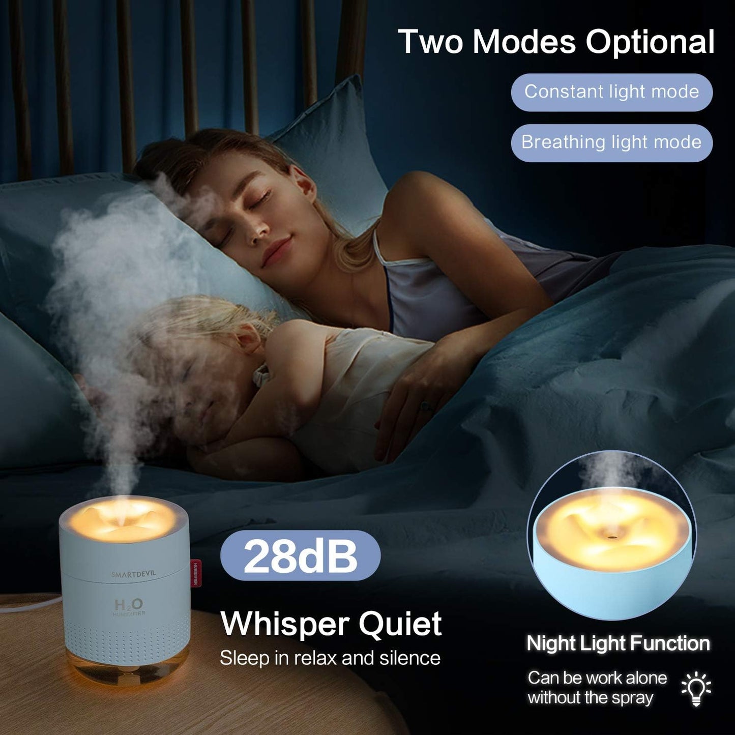 SmartDevil Humidificadores Pequeños, Humidificadores de Escritorio de 500 ml, Funcionamiento Silencioso, Función de Luz Nocturna, Dos Modos de Pulverización, Apagado Automático para Dormitorio, Habitación de Bebés, Oficina, Hogar (Azul)