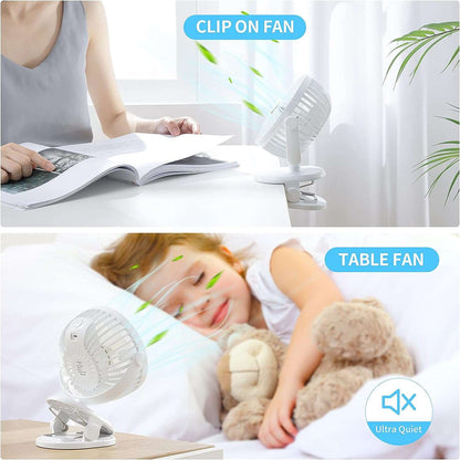 SmartDevil Clip on Fan, 360° Rotation Portable Small Desk Fan, 3 Speed Personal Rechargeable Battery Operated Table Fan with Clip, Mini Clip Fan for Stroller, Camping, Office, Desk(White)