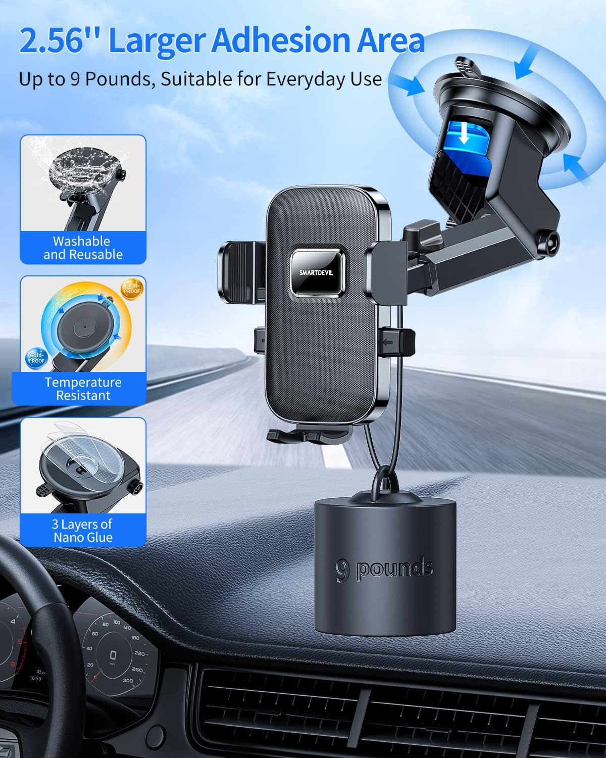 【Ultra Stable Generation】SmartDevil 4-in-1 Phone Holder for Car - Dashboard, Air Vent, Windshield or Desk Mount - Shakeproof Car Phone Mount Compatible with iPhone 14 Pro Max 13 12 11 XR Samsung Google and More, Black