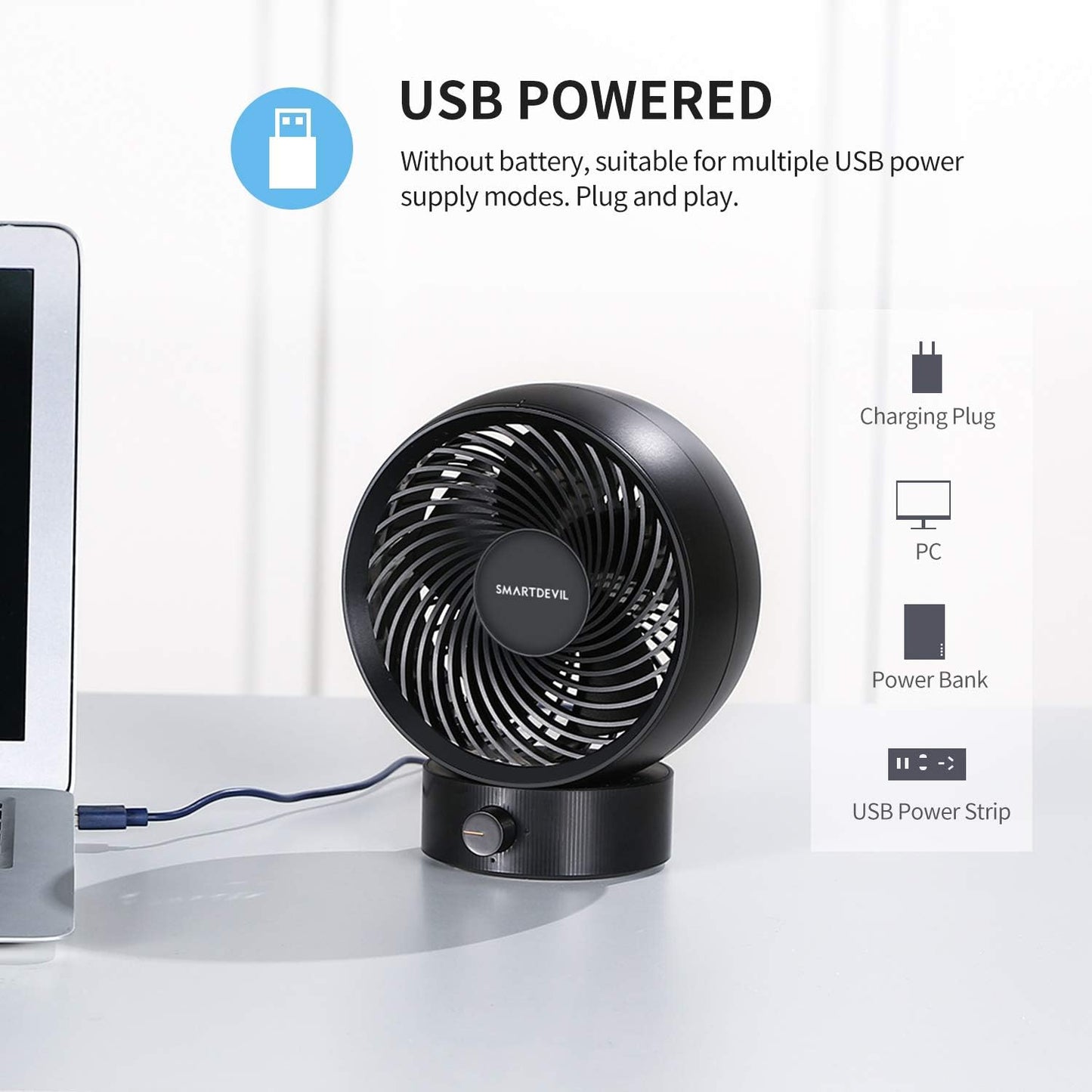 SmartDevil Mini ventilador USB, pequeño ventilador de escritorio con fuerte viento, ventilador personal portátil de funcionamiento silencioso para el hogar, oficina, dormitorio, (negro)