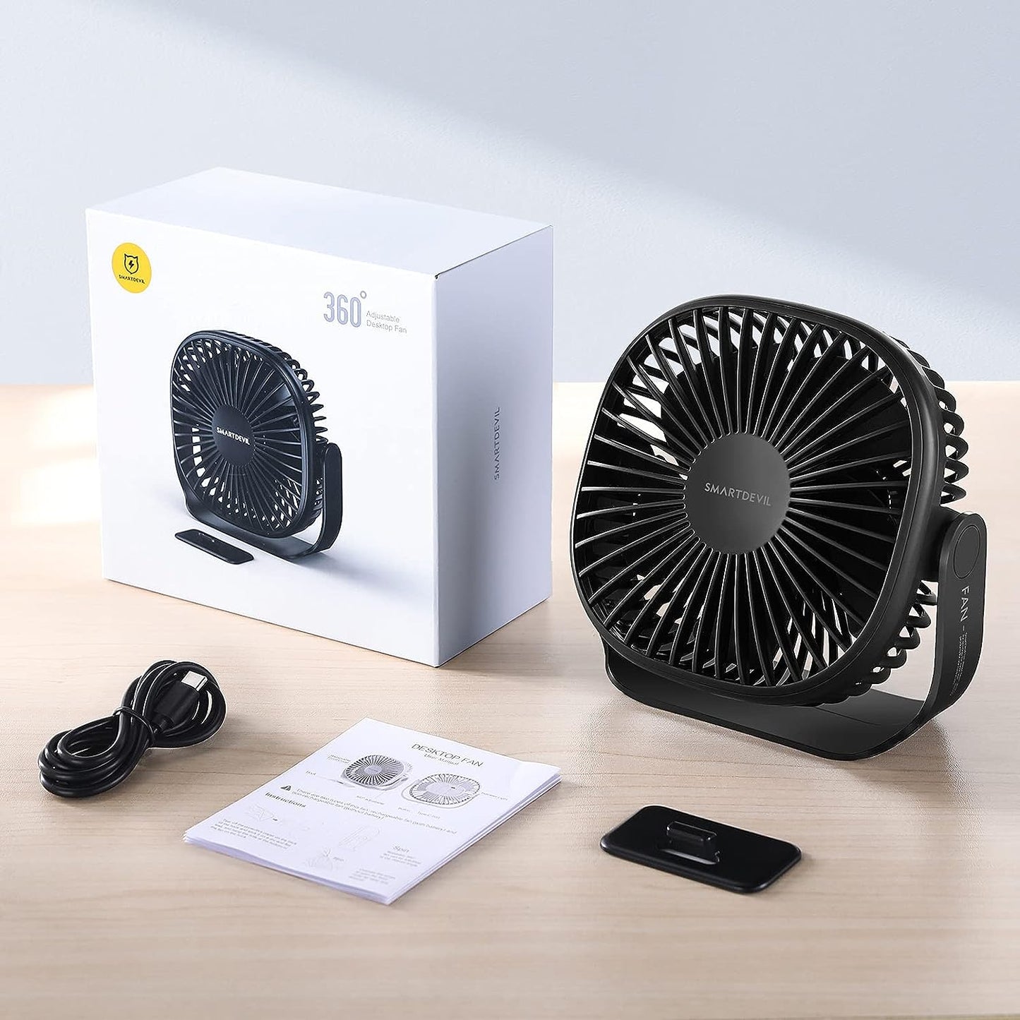 SmartDevil Pequeño ventilador de escritorio USB, ventilador de mesa portátil de 3 velocidades con gancho pegable, mini ventilador dual de ajuste de 360°, funcionamiento silencioso, para casa, oficina, coche, viajes al aire libre (negro)