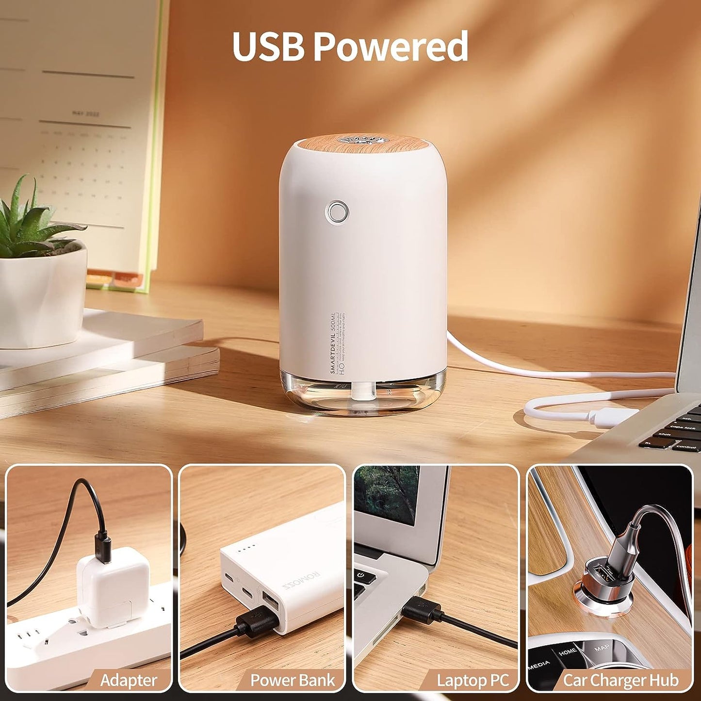 SmartDevil Tragbarer Mini-Luftbefeuchter, kleiner 500-ml-Tischluftbefeuchter, persönlicher USB-Desktop-Luftbefeuchter für Schlafzimmer, Büro, Reisen, Pflanzen, automatische Abschaltung, 2 Nebelmodi, superleise, weiß