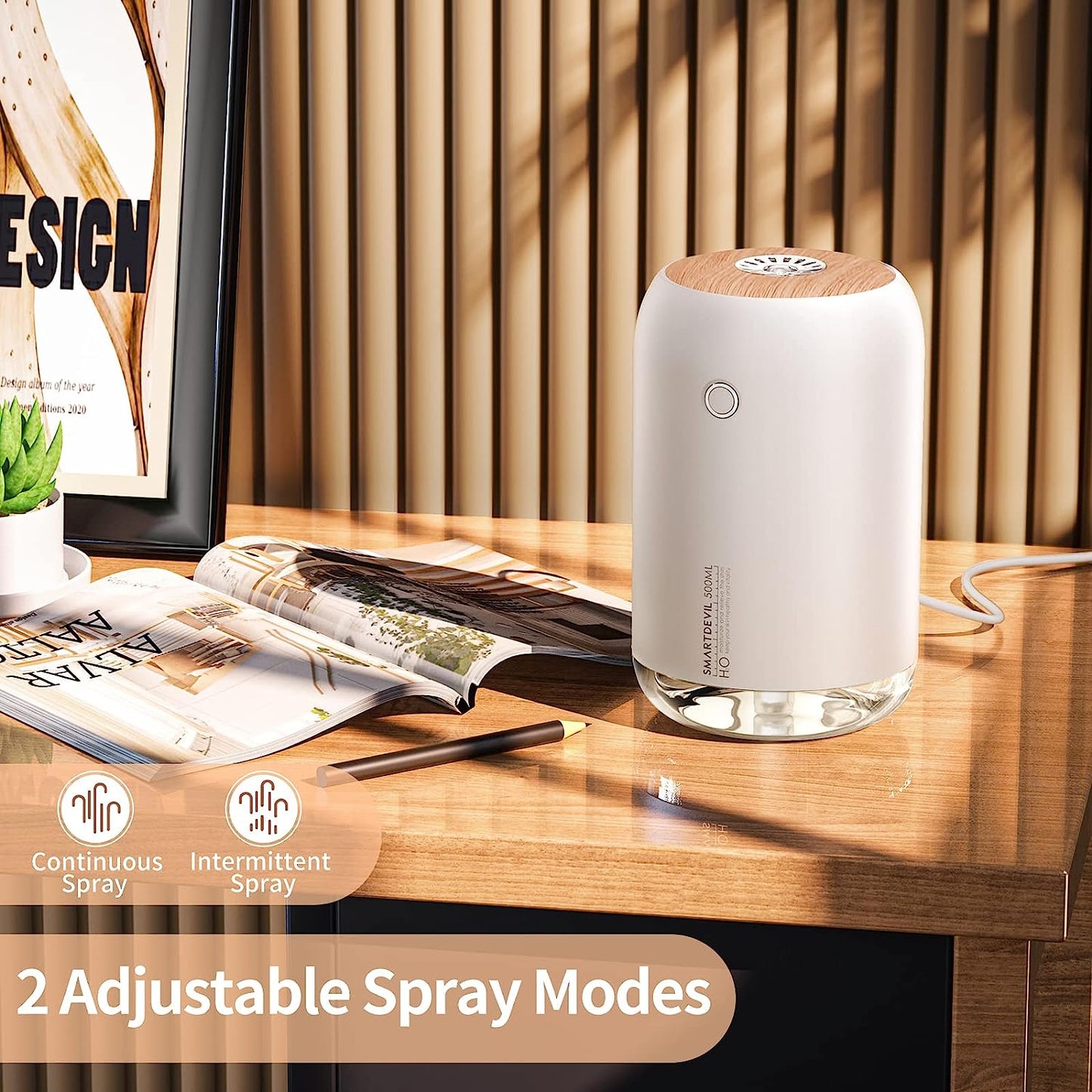 SmartDevil Small Air Humidifier, 500ml Portable Desk Humidifier, USB Personal Humidifier for Bedroom, Office, Plant, Travel with Night Light, Auto Shut-Off, 2 Mist Modes, Super Quiet, White Wood Grain