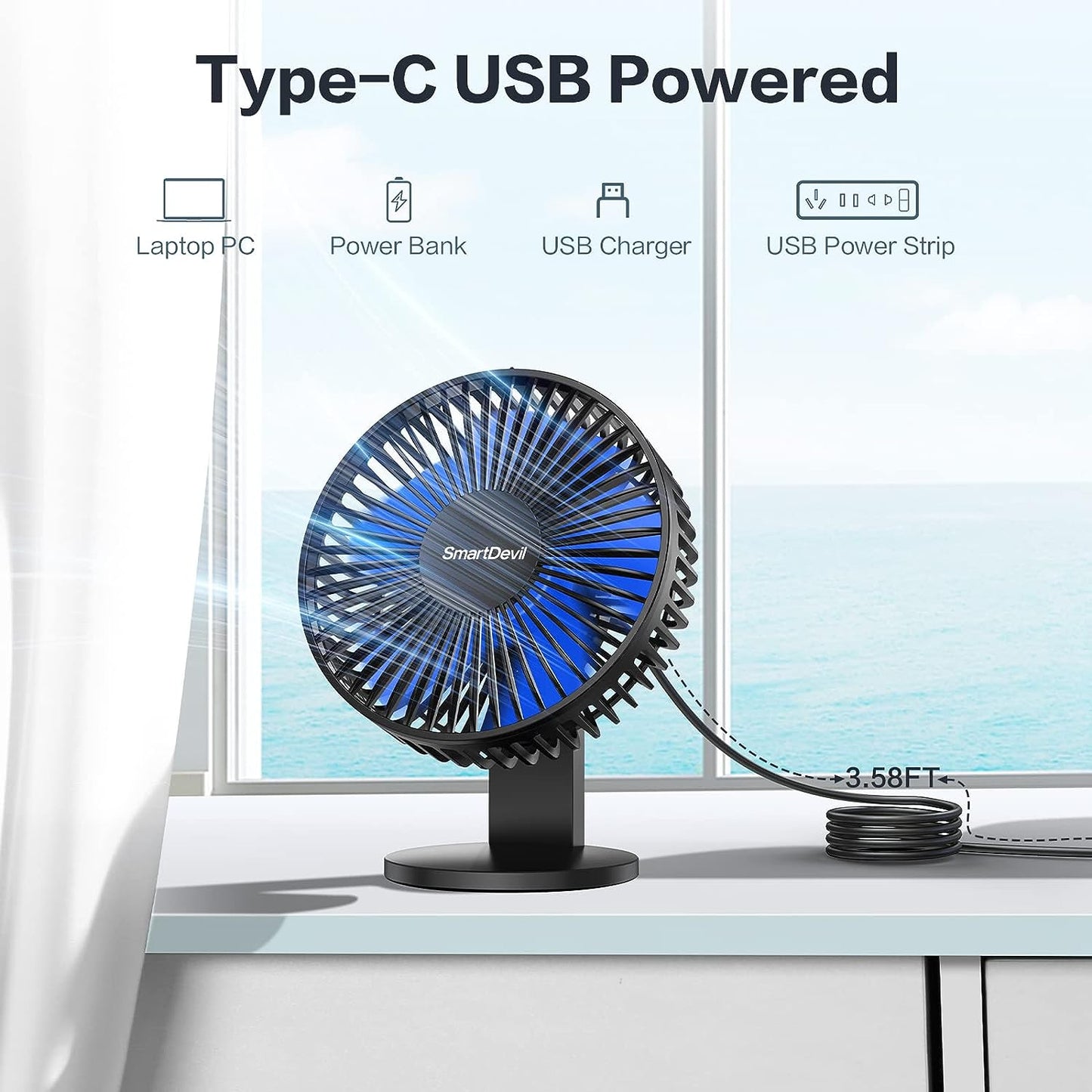 SMARTDEVIL Ventilador USB, 4 Geschwindigkeiten Mini ventilador USB Tischventilator, Ventilator Klein Leise, USB Desk Fan Geräuscharm, USB Fan Einfach zu Tragen, für Büro, Zuhause und im Freien(Blau)