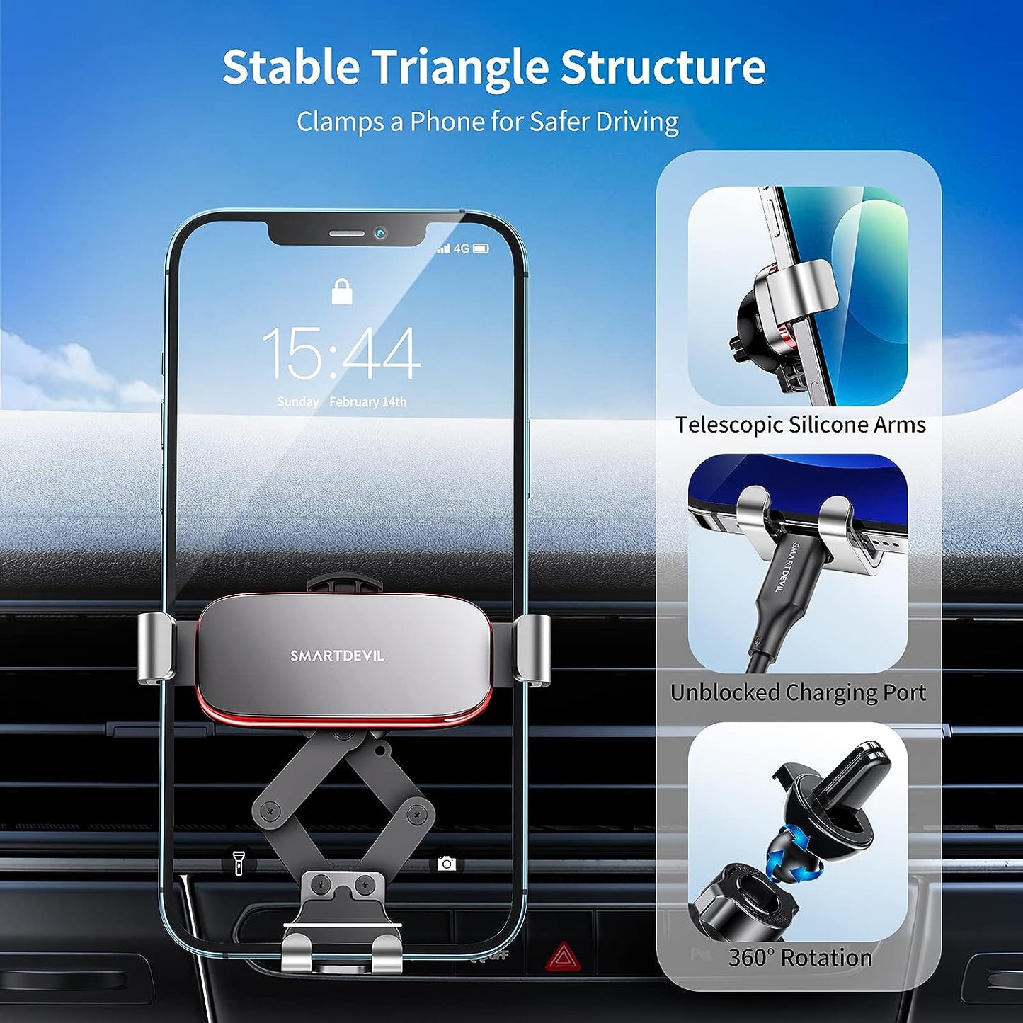 SMARTDEVIL Support Téléphone Voiture Ventilation, Gravité Support Smartphone Voiture Universel avec Rotation 360°, Support Portable Voiture pour iPhone 12 11 X 8, Samsung S20 S10 S9, Huawei P40, etc.