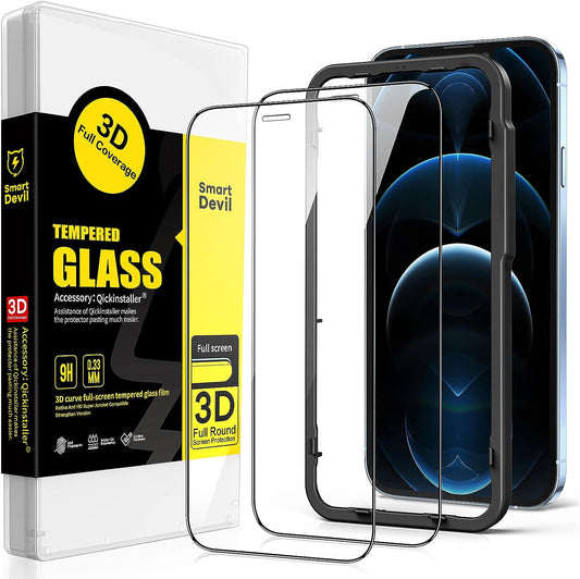 【Cobertura completa】Protector de pantalla SmartDevil para iPhone 12 Pro Max 【Apto para fundas】Película de vidrio templado con marco de instalación, alta definición, dureza 9H, a prueba de golpes, antiarañazos, paquete de 2