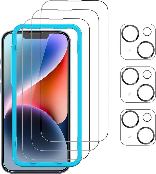 [3+3er-Pack] SmartDevil Displayschutzfolie für iPhone 14 Plus 6,7 Zoll, gehärtetes Glas und Kameraobjektivschutz, mit einfach anzubringendem Rahmen, kratzfest, blasenfrei, hüllenfreundlich