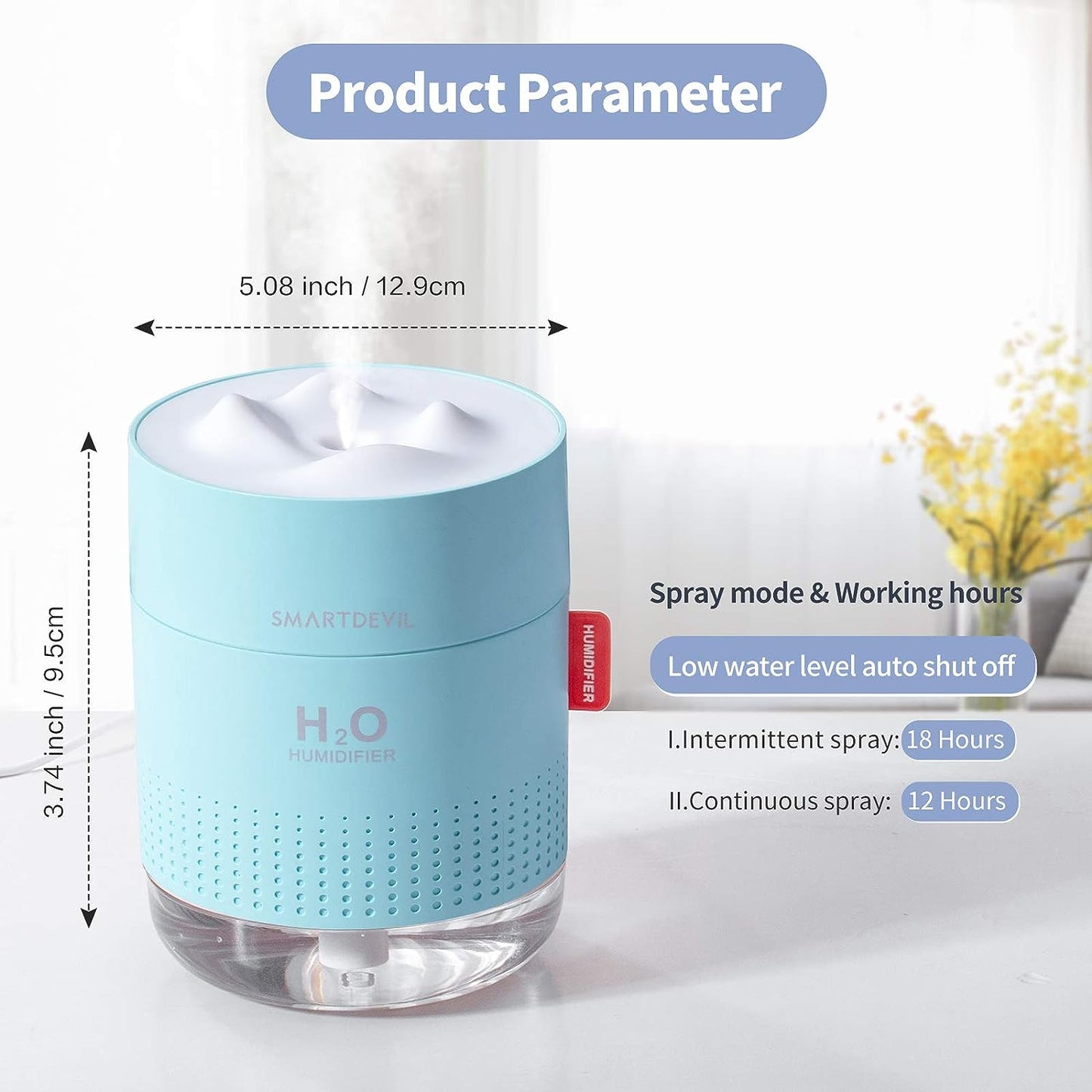 SmartDevil Humidificadores Pequeños, Humidificadores de Escritorio de 500 ml, Funcionamiento Silencioso, Función de Luz Nocturna, Dos Modos de Pulverización, Apagado Automático para Dormitorio, Habitación de Bebés, Oficina, Hogar (Azul)