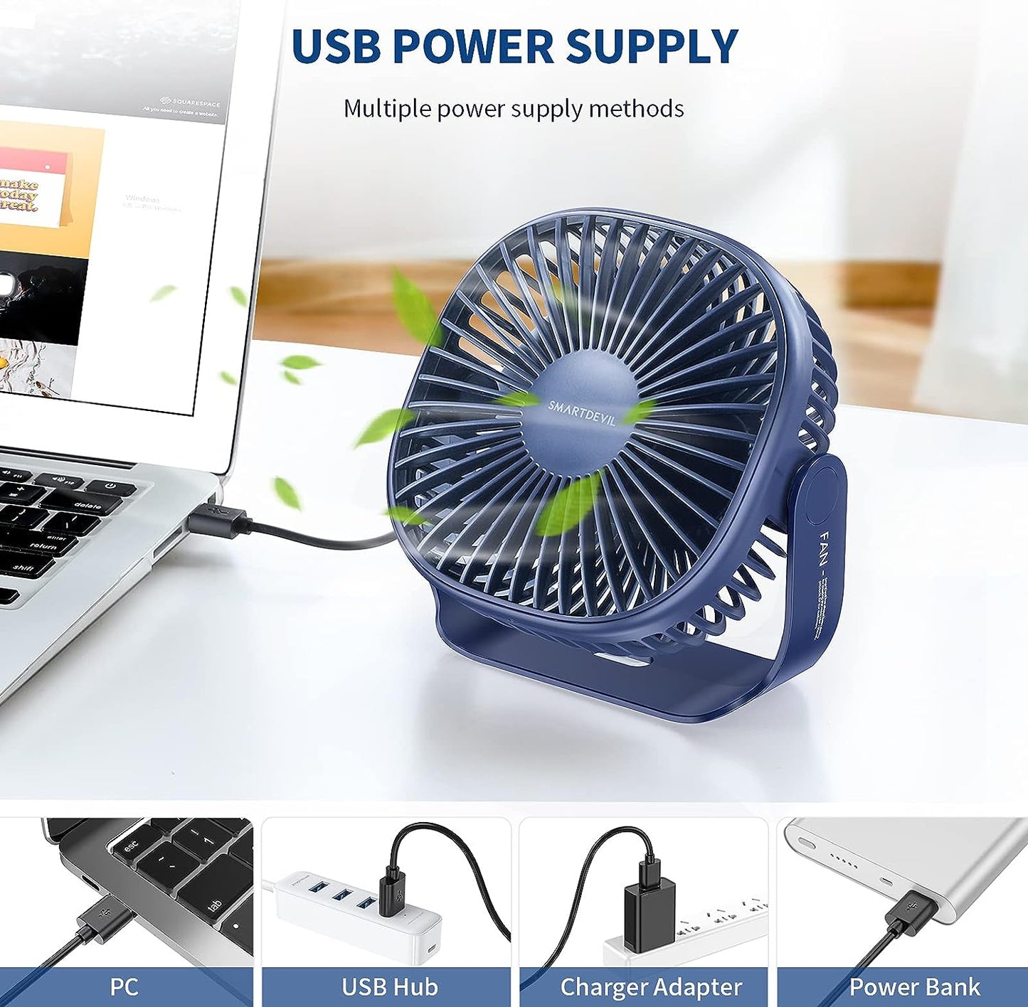 SMARTDEVIL Desk Fan,USB Desk Fan,Noiseless USB Fan,3 Speed Portable Desk Desktop Table Fan with Pasteable Hook, Dual 360° Adjustment Mini Fan,Strong Wind,Quiet Operation,for Home Office Travel(Blue)