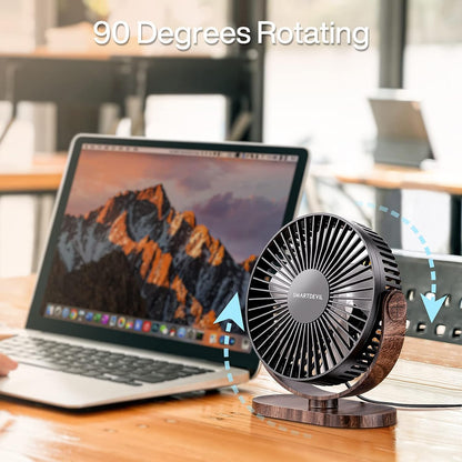 SmartDevil Ventilador personal pequeño USB, ventilador de escritorio portátil de 3 velocidades, ventilador de mesa de escritorio con ajuste de 90°, funcionamiento silencioso, para casa, oficina, coche, viajes al aire libre (grano de madera negro)