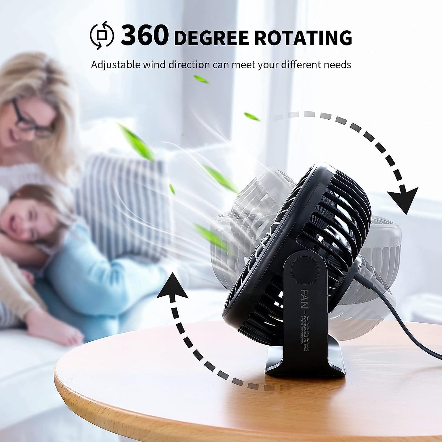 SmartDevil Small USB Desk Fan, 3 Speeds Portable Personal Desktop Table Fan with Pasteable Hook, Dual 360° Adjustment Mini Fan, Quiet Operation, for Home Office Car Outdoor Travel (Black)