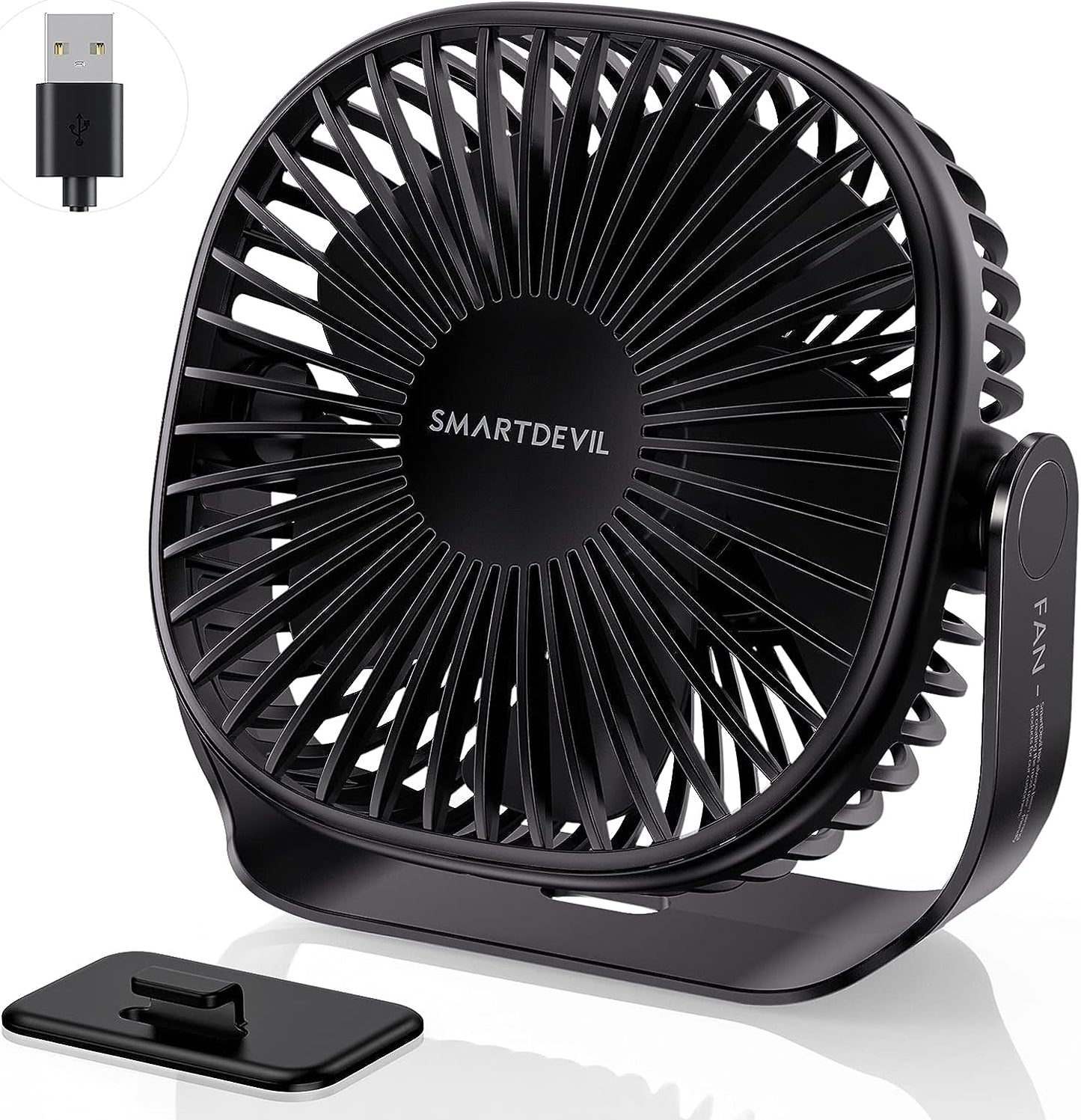 SmartDevil USB Ventilator, Mini Ventilator USB Tischventilator, Ventilator Klein Leise 3 Geschwindigkeiten Duale 360°Einstellung mit klebefähigem Haken, USB Fan für Büro,Zuhause und im Freien(Schwarz)