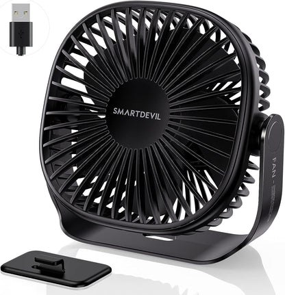 SmartDevil Kleiner USB-Tischventilator, 3 Geschwindigkeiten, tragbarer persönlicher Desktop-Tischventilator mit anklebbarem Haken, Dual 360°-Anpassung, Mini-Lüfter, leiser Betrieb, für Zuhause, Büro, Auto, Outdoor, Reisen (Schwarz)