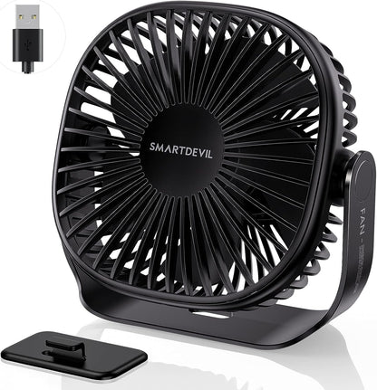 SmartDevil Pequeño ventilador de escritorio USB, ventilador de mesa portátil de 3 velocidades con gancho pegable, mini ventilador dual de ajuste de 360°, funcionamiento silencioso, para casa, oficina, coche, viajes al aire libre (negro)