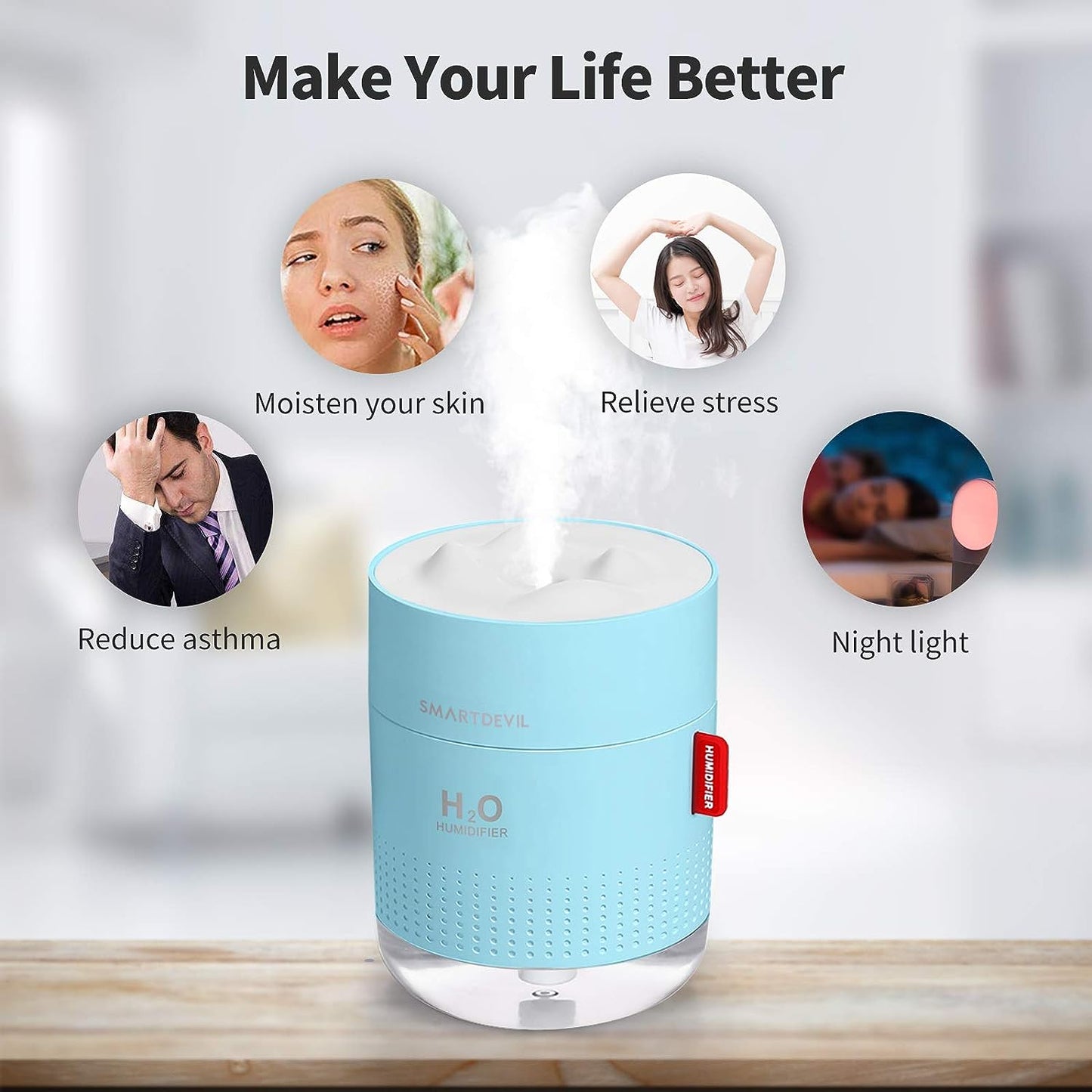 SMARTDEVIL USB Luftbefeuchter 500ml, Mini Air Humidifier Ultra Leise luftbefeuchter, Automatische Abschaltung Tragbarer Luftbefeuchter, Keine Batterie, Ätherisches Öl verboten, 2 Filter