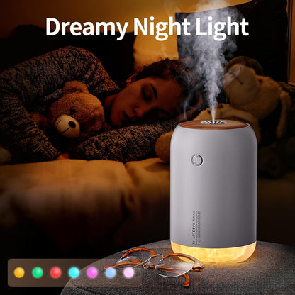 SmartDevil Humidificador de aire pequeño, humidificador de escritorio portátil de 500 ml, humidificador personal USB para dormitorio, oficina, planta, viajes con luz nocturna, apagado automático, 2 modos de niebla, súper silencioso, grano de madera blanco