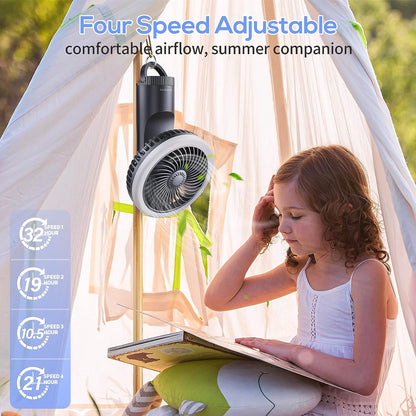 SmartDevil Tragbarer Campingventilator mit Licht, 10000 mAh wiederaufladbarer Zeltventilator mit Haken zum Aufhängen, batteriebetriebener Tischventilator als Powerbank, 180+360 Grad drehbar, Reiseventilator für Camping, Wohnmobil, Picknick