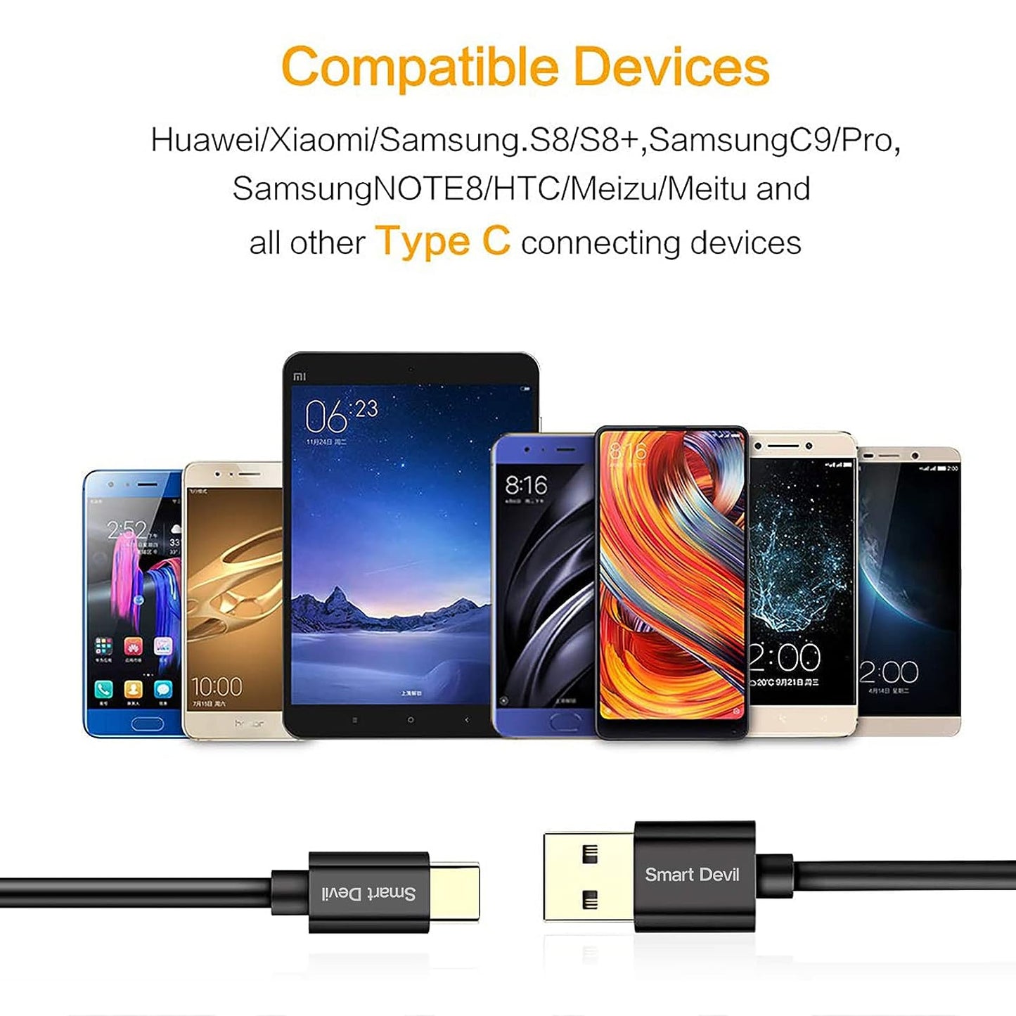 Smart Devil USB-Typ-C-Kabel, USB-A-auf-USB-C-Ladegerät, 2er-Pack (5 Fuß und 6,6 Fuß), Schnellladekabel für Samsung Galaxy S9 S8 S8+, Galaxy Note 8, MacBook, LG V30 V20 G5 G6, Nexus 6P 5X, Nintendo Switch ,und mehr