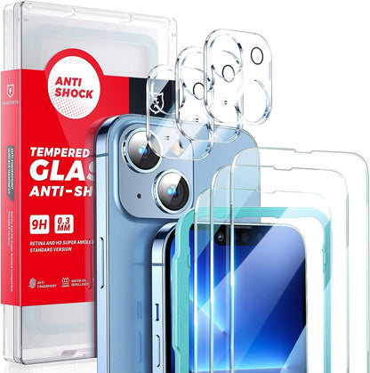 SMARTDEVIL [3 + 3 películas protectoras en vidrio templado para iPhone 13, con soporte para instalación de tela, 3 películas en vidrio para protección de la cámara fotográfica, antigraffio, dureza 9H