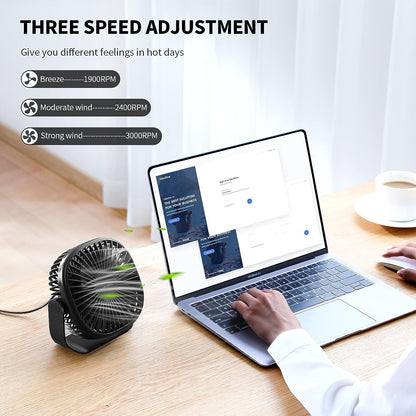 SmartDevil Kleiner USB-Tischventilator, 3 Geschwindigkeiten, tragbarer persönlicher Desktop-Tischventilator mit anklebbarem Haken, Dual 360°-Anpassung, Mini-Lüfter, leiser Betrieb, für Zuhause, Büro, Auto, Outdoor, Reisen (Schwarz)