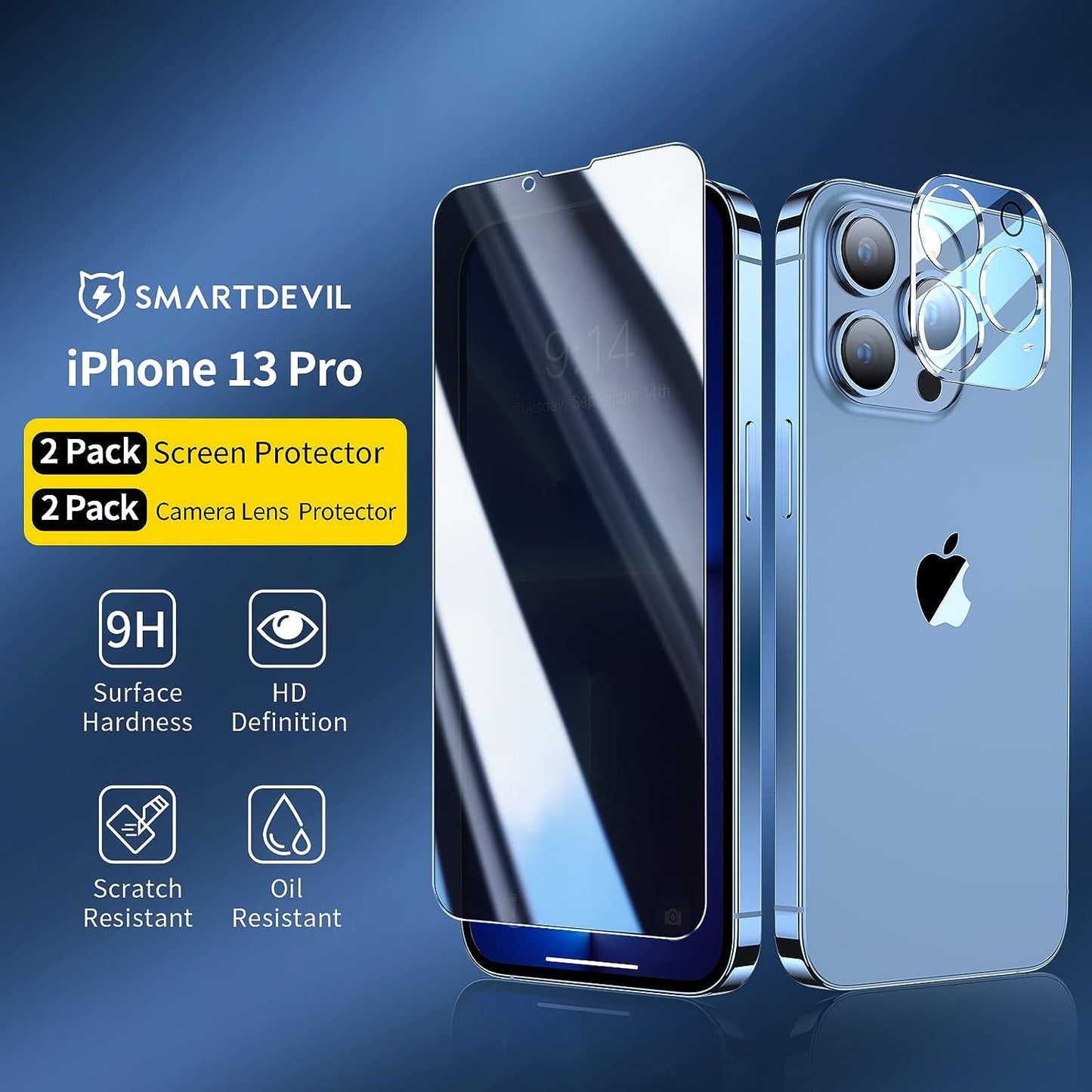 SMARTDEVIL Verre Trempé pour iPhone 13 Pro 6,1 Pouces, 2 Pièces Anti Espion Protecteur d'écran et 2 Pièces Caméra Arrière Protecteur, Privacy Protection écran