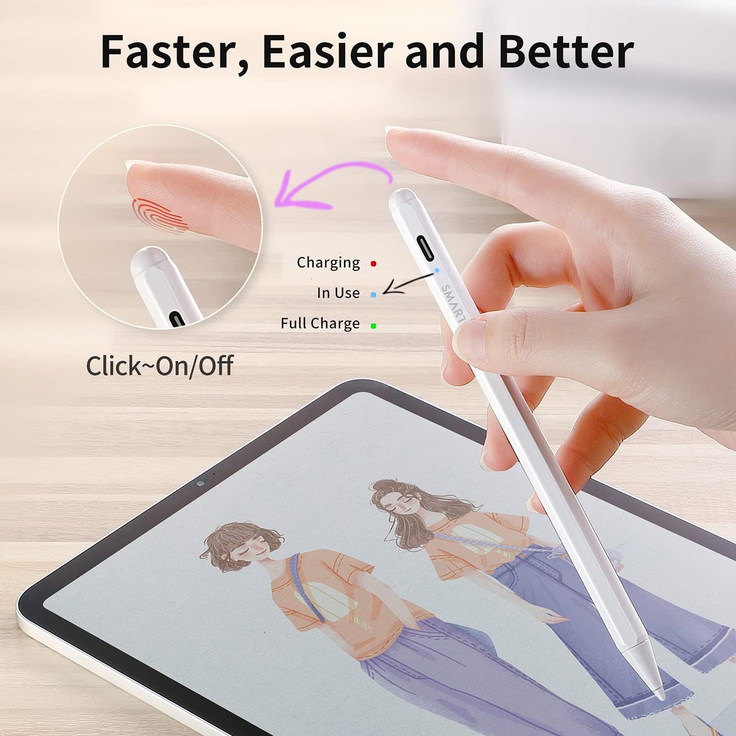 SmartDevil Stylet Tactile, Rejet de la Paume pour iPad Pro 2018-2020(11"/12,9"), iPad 6e-8e Gen(9,7"/10,2"),iPad Air 3e-4e Gen, iPad Mini 5, Pointe de 1,5 mm, Fixation Magnétique, Arrêt Automatique