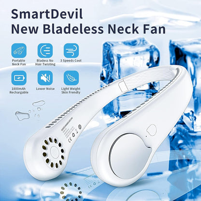 SmartDevil Portable Neck Fan, Hands Free Bladeless Neck Fan, Rechargeable Battery Operated Wearable Personal Fan, 360 Deg Cooling Hanging Neck Fan, 3 Speeds, 48 Air Outlet, for Travel, Outdoor (White)