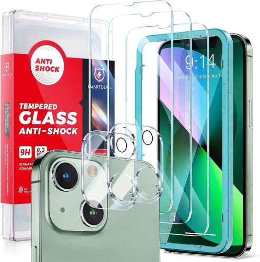 SMARTDEVIL 3+2 Pack iPhone 13 Screen Protector, 3 Pack [9H Military Grade Protection] Tempered Glass Screen Protector & 2 Pack Camera Lens Protector, 9H Hardness HD Anti-Scratch, Bubble-Free