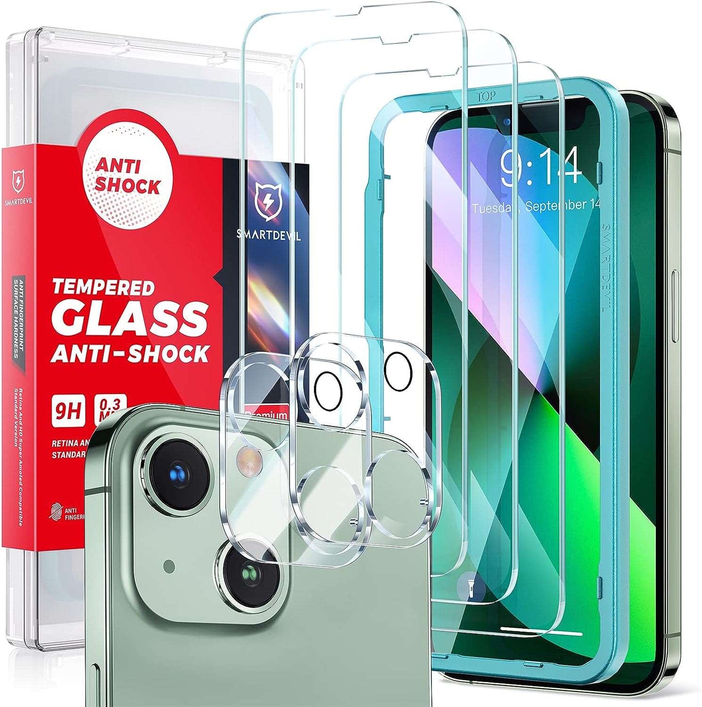 SMARTDEVIL 3+2 Pack iPhone 13 Screen Protector, 3 Pack [9H Military Grade Protection] Tempered Glass Screen Protector & 2 Pack Camera Lens Protector, 9H Hardness HD Anti-Scratch, Bubble-Free