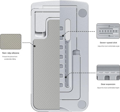 SmartDevil Telefonhalterung aus Metall, teleskopischer und biegsamer Telefonanschluss, verstellbares und ultradünnes Tablett, für iPhone, iPad Air Mini, Huawei, Samsung Tab S10, Kindle (4 bis 12 Zoll) – Silber