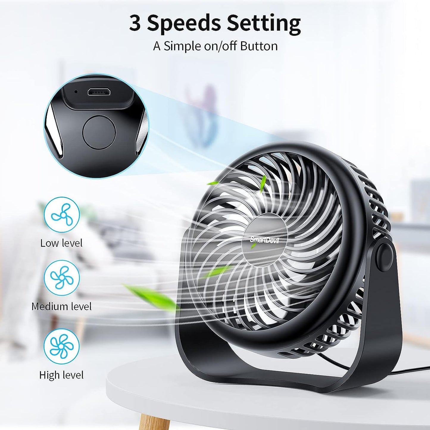 SmartDevil Ventilador de escritorio USB, mini ventilador de escritorio portátil de 3 velocidades, ajuste de 360°, pequeño ventilador de mesa personal para el hogar, oficina, coche, viajes al aire libre (negro)