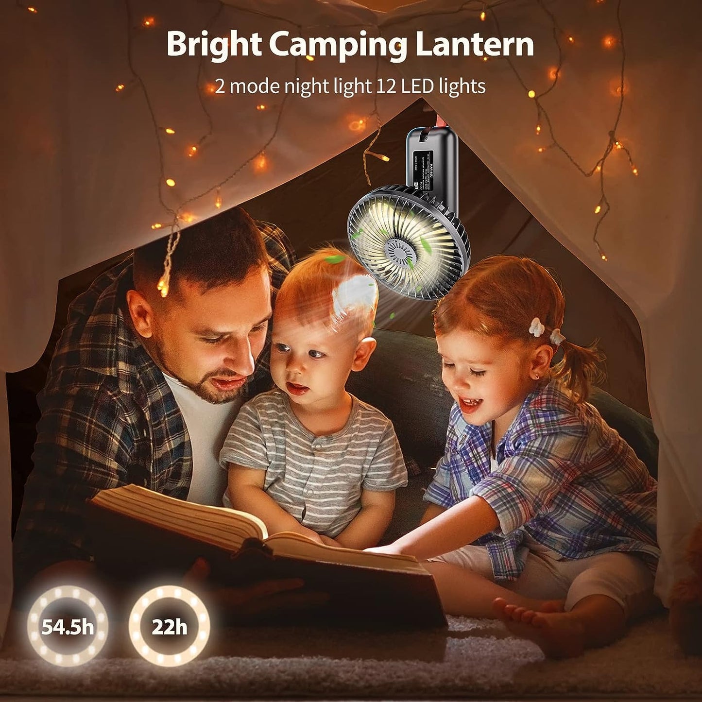 SmartDevil Ventilador portátil para camping con luces LED, ventilador recargable para uso como banco de energía, ventilador a pilas con gancho para colgar, rotación de 180°, ventilador de viaje para camping, tienda de campaña, RV, picnic