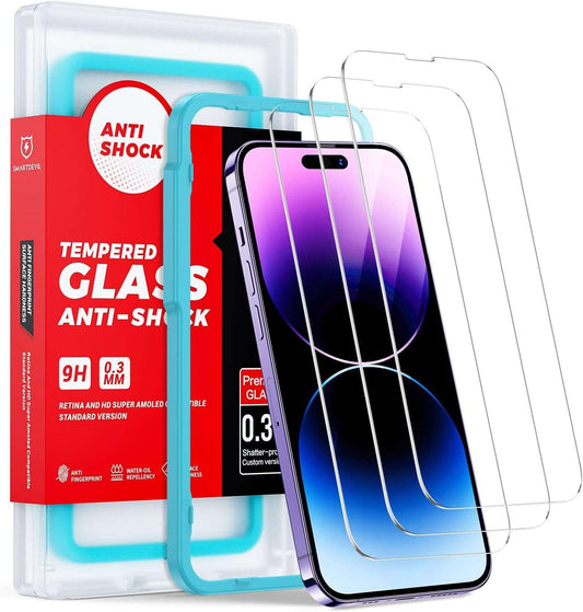 SmartDevil 3 Pack Screen Protector for iPhone 14 Pro, [Auto Alignment Kit][10X Military Grade Shatterproof][Crystal HD Clear], Anti-Scratch, Bubble Free, Case Friendly, Sensitive Touch, Ultra-Thin