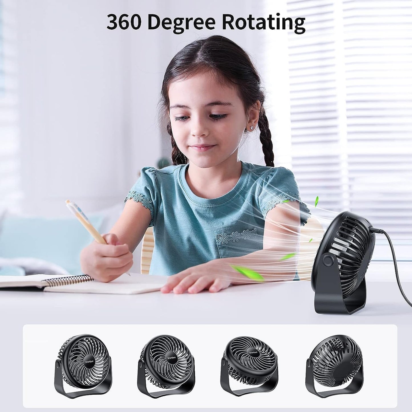 SMARTDEVIL Ventilador de escritorio, mini ventilador de escritorio USB de 3 velocidades, ajuste de 360°, pequeño ventilador de mesa personal para el hogar, oficina, coche, viajes al aire libre (negro)