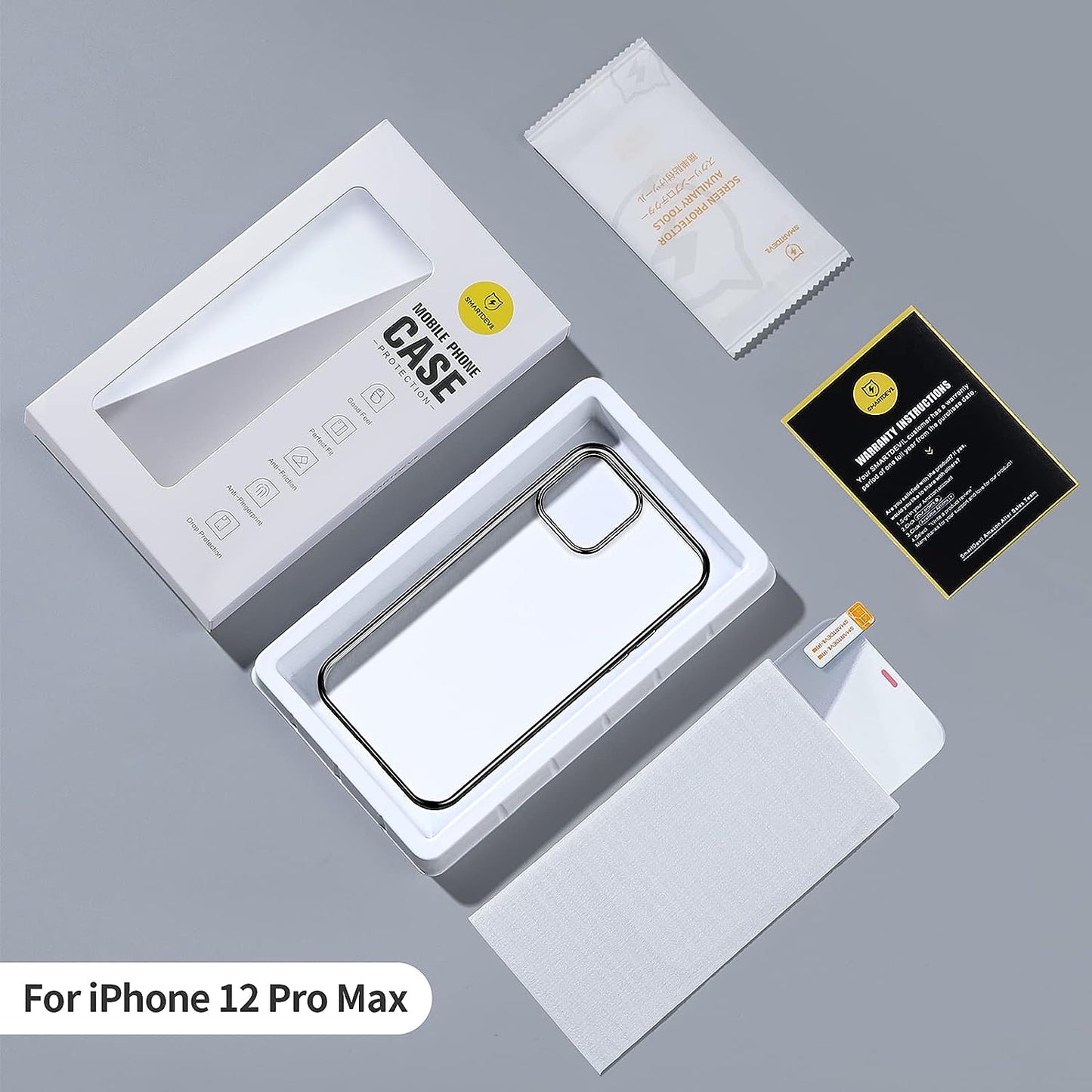 SMARTDEVIL iPhone 12 Pro Max Hülle + Gratis gehärteter Displayschutz, [NUR für 12 Pro Max], Anti-Gelb, schlank, klar, weich, schützend, transparentes TPU, iPhone 12 Pro Max Handyhülle, stoßfest, Schwarz