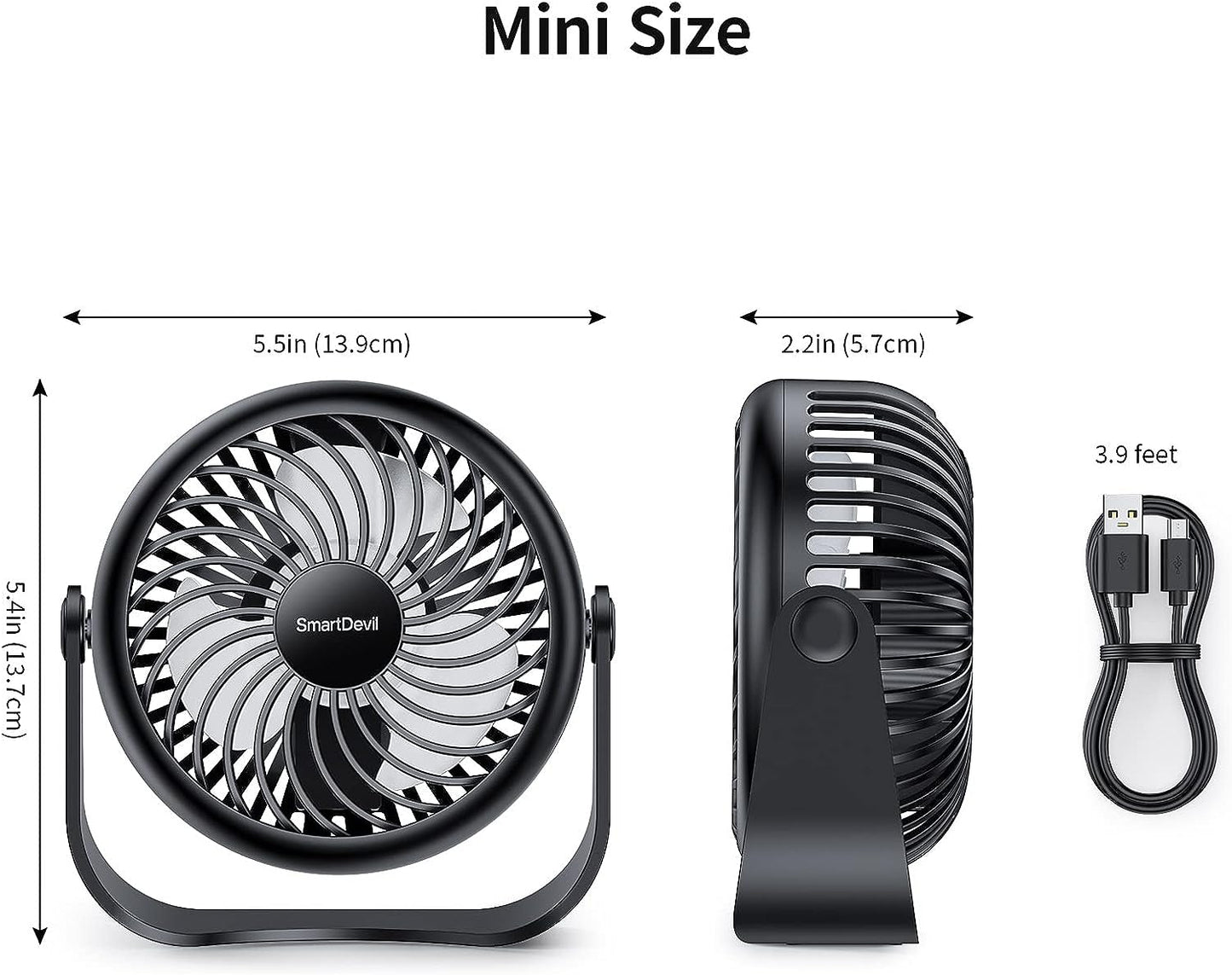 SMARTDEVIL Ventilador de escritorio, mini ventilador de escritorio USB de 3 velocidades, ajuste de 360°, pequeño ventilador de mesa personal para el hogar, oficina, coche, viajes al aire libre (negro)