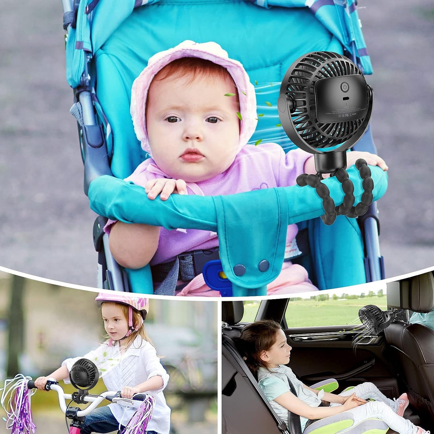 SmartDevil Ventilador portátil para cochecito de bebé, 4000 mAh, pequeño ventilador para cochecito de bebé, ventilador de asiento de coche de 4 velocidades con trípode flexible, doble giro de 360°, para bicicleta Peloton, cuna, cinta de correr (negro)