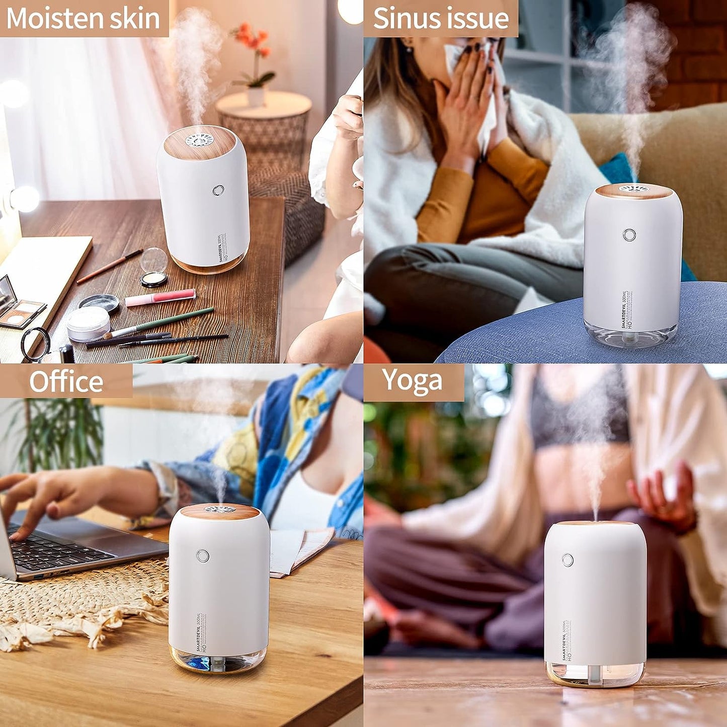 SmartDevil Mini humidificador portátil, humidificador de escritorio pequeño de 500 ml, humidificador de escritorio personal USB para dormitorio, oficina, viajes, plantas, apagado automático, 2 modos de niebla, súper silencioso, blanco