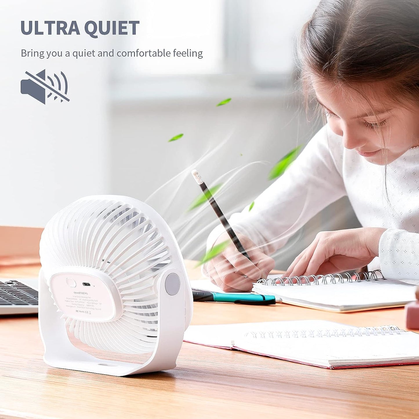 SmartDevil Pequeño ventilador de escritorio recargable, 3 velocidades, 2000 mAh, portátil, funciona con pilas, ventilador de escritorio con gancho pegable, ventilador de mesa silencioso con ajuste dual de 360°, para oficina en casa al aire libre (blanco)