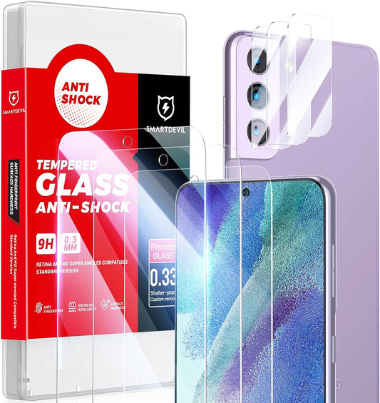 SMARTDEVIL 【3+3】 Displayschutzfolie für Samsung Galaxy S21 FE, 3er-Pack gehärtetes Glas und 3er-Pack Kameraobjektivschutz, mit einfach anzubringendem Rahmen, [9H-Härte] [hüllenfreundlich] – 6er-Pack