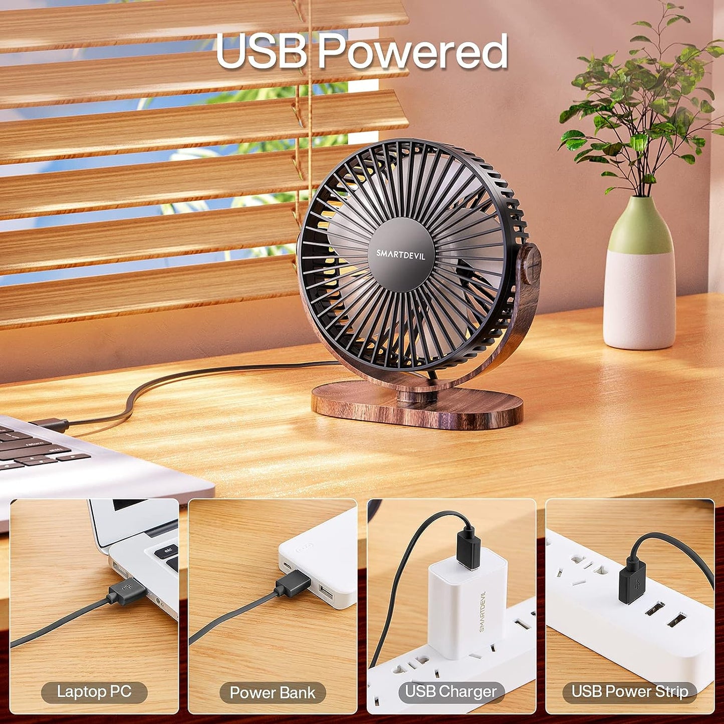 SmartDevil USB-Kleinventilator, 3 Geschwindigkeiten, tragbarer Tischventilator, 90°-Einstellung, Tischventilator, leiser Betrieb, für Zuhause, Büro, Auto, Outdoor-Reisen (schwarze Holzmaserung)