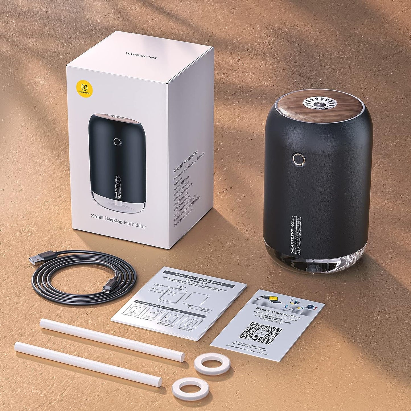 SmartDevil Portable Mini Humidifier, 500ml Small Desk Humidifier, USB Personal Desktop Humidifier for Bedroom, Office, Travel, Plants, Auto Shut-Off, 2 Mist Modes, Super Quiet, Black
