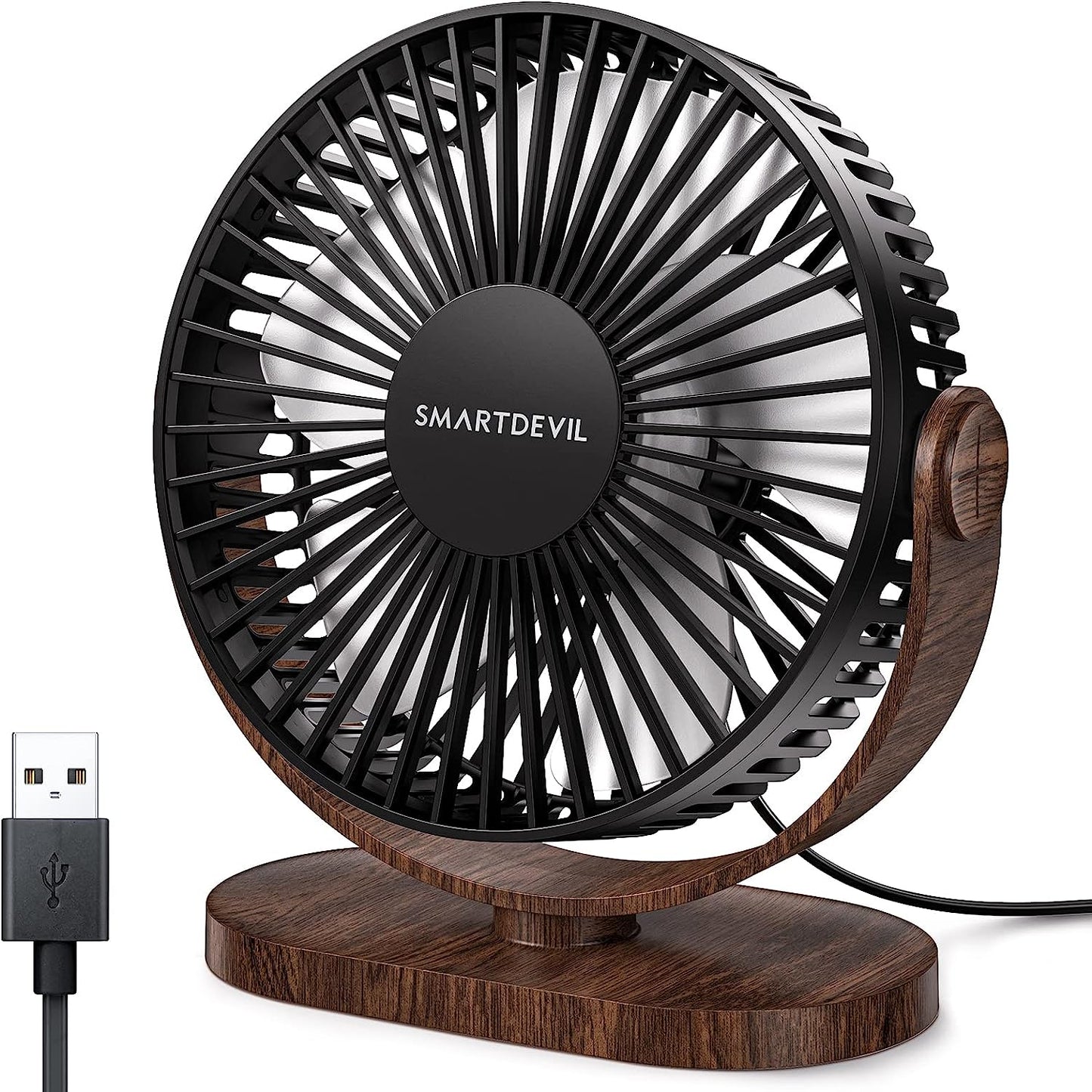 SmartDevil Ventilador personal pequeño USB, ventilador de escritorio portátil de 3 velocidades, ventilador de mesa de escritorio con ajuste de 90°, funcionamiento silencioso, para casa, oficina, coche, viajes al aire libre (grano de madera negro)