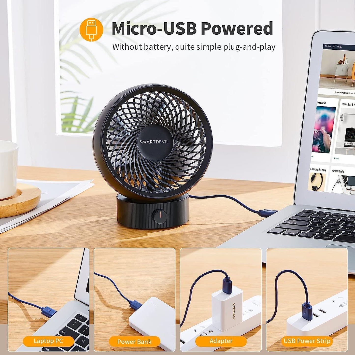 SmartDevil Nuevo ventilador de escritorio USB, pequeño ventilador de mesa de escritorio personal con fuerte viento, mini ventilador portátil para el hogar, oficina, dormitorio, mesa y escritorio (negro)