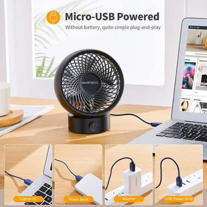 SmartDevil Ventilador de escritorio USB, pequeño ventilador de mesa personal con viento fuerte, funcionamiento silencioso, mini ventilador portátil para el hogar, oficina, dormitorio, mesa y escritorio (negro)