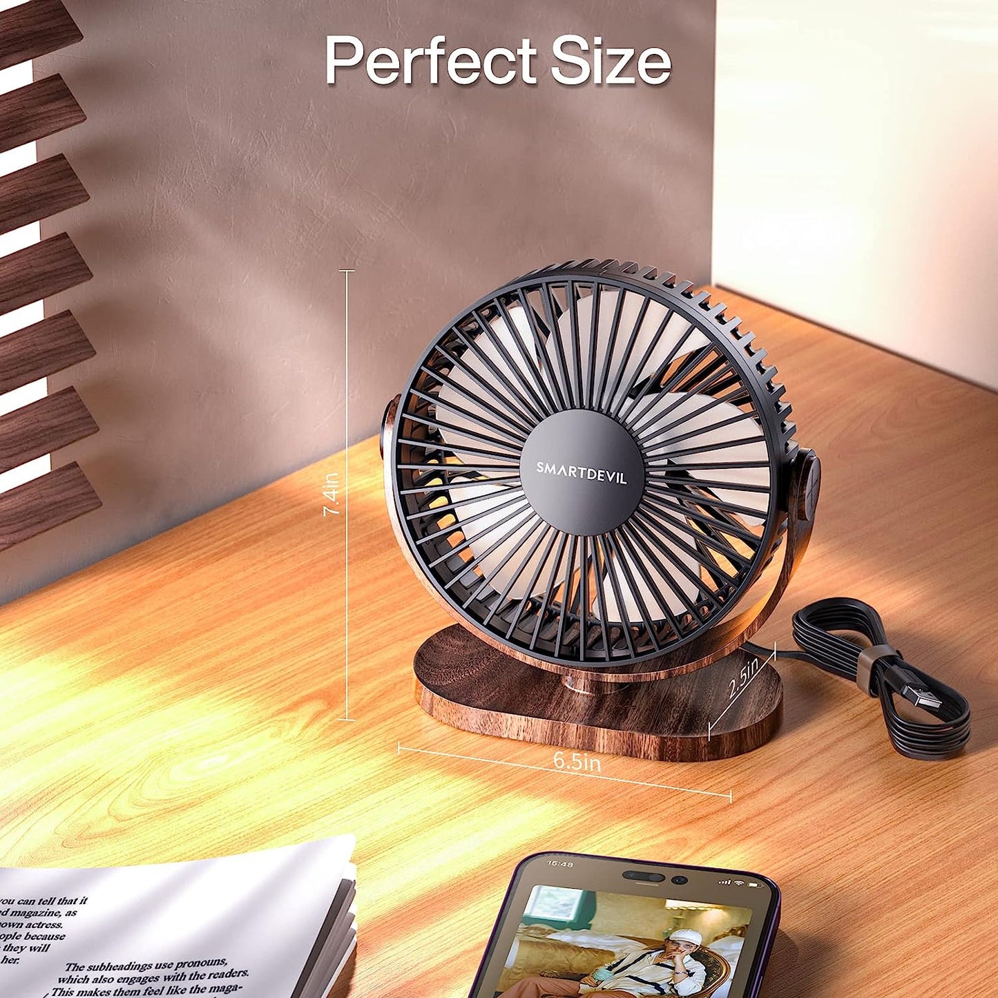 SmartDevil Ventilador personal pequeño USB, ventilador de escritorio portátil de 3 velocidades, ventilador de mesa de escritorio con ajuste de 90°, funcionamiento silencioso, para casa, oficina, coche, viajes al aire libre (grano de madera negro)